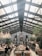 A spacious restaurant featuring a glass ceiling with natural light pouring in. Diners are seated at wooden tables, enjoying meals in a lively atmosphere. Elegant chandeliers and lush green plants add to the ambiance, creating a modern and inviting environment.