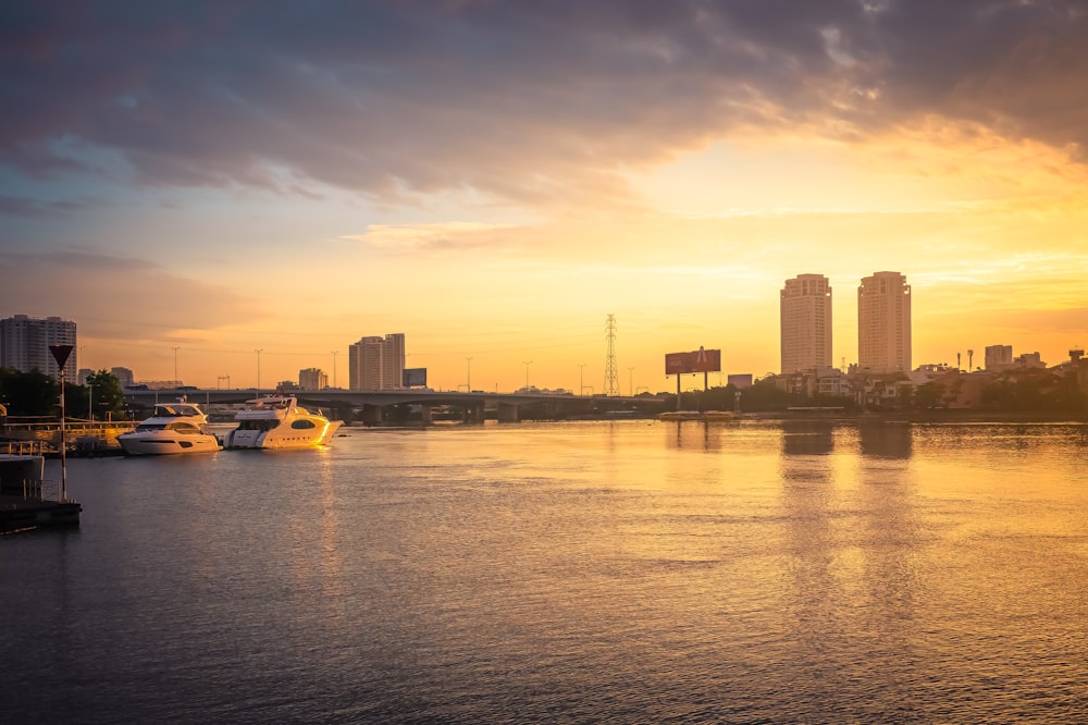 city skyline during sunset with body of water