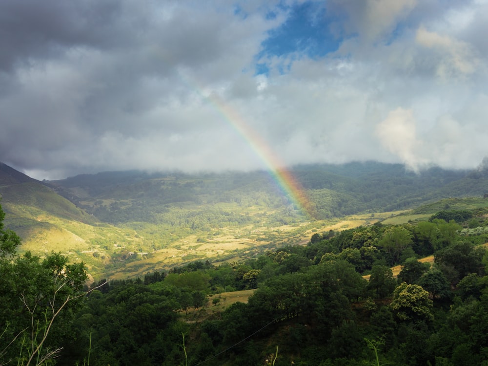 green mountains under white clouds and rainbow during daytime