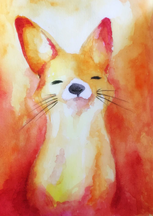 Delicate watercolor painting of a fox with mirrored reflections and symbolic elements
