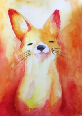A watercolor painting of a fox with its eyes closed and a serene expression. The background and the fox itself are painted in warm shades of orange, red, and yellow. The fox's prominent ears and whiskers are clearly defined.