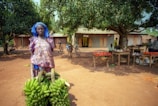A woman dressed in colorful traditional attire stands in front of a large bunch of green bananas. Behind her, there are stalls displaying tomatoes and other produce under a tree, with several people and bicycles scattered around in a rural setting.