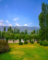 A spacious lot with manicured grass and a backdrop of rolling hills under a bright sky.