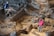The image depicts three individuals examining a large excavation site containing numerous fossilized remains. One person is standing beside a wooden table with paper, observing the site. The excavation area features deep pits and large skeletal structures partially embedded in the ground.