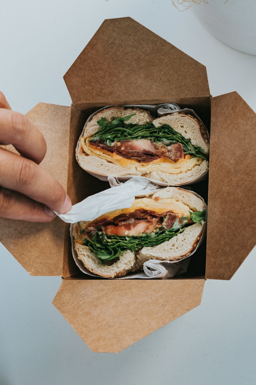 Una persona sosteniendo un sándwich en una caja marrón