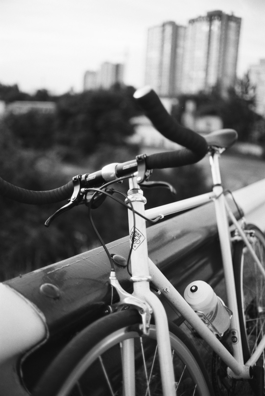 grayscale photo of bicycle in front of car