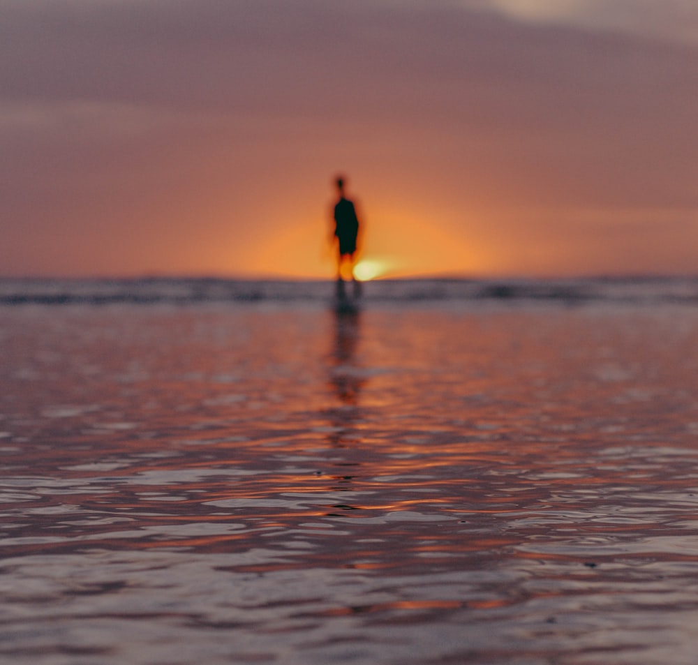 person standing on sea water during sunset