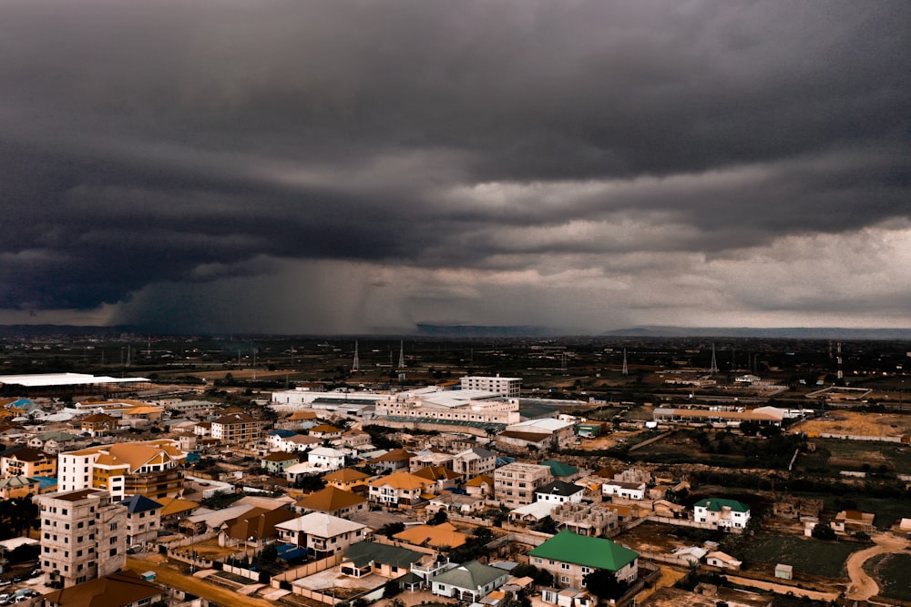 city with high rise buildings under gray clouds during daytime