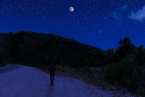 A serene roadside scene at dusk with a lone figure walking under a starry sky