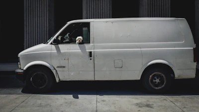 A climate-controlled transport van parked on a bustling city street with a happy dog looking out the window.