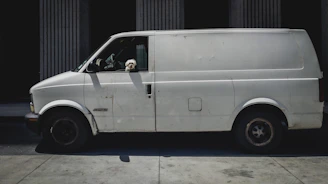Wide shot of a van parked outside a vet clinic, ready for pet pick-up
