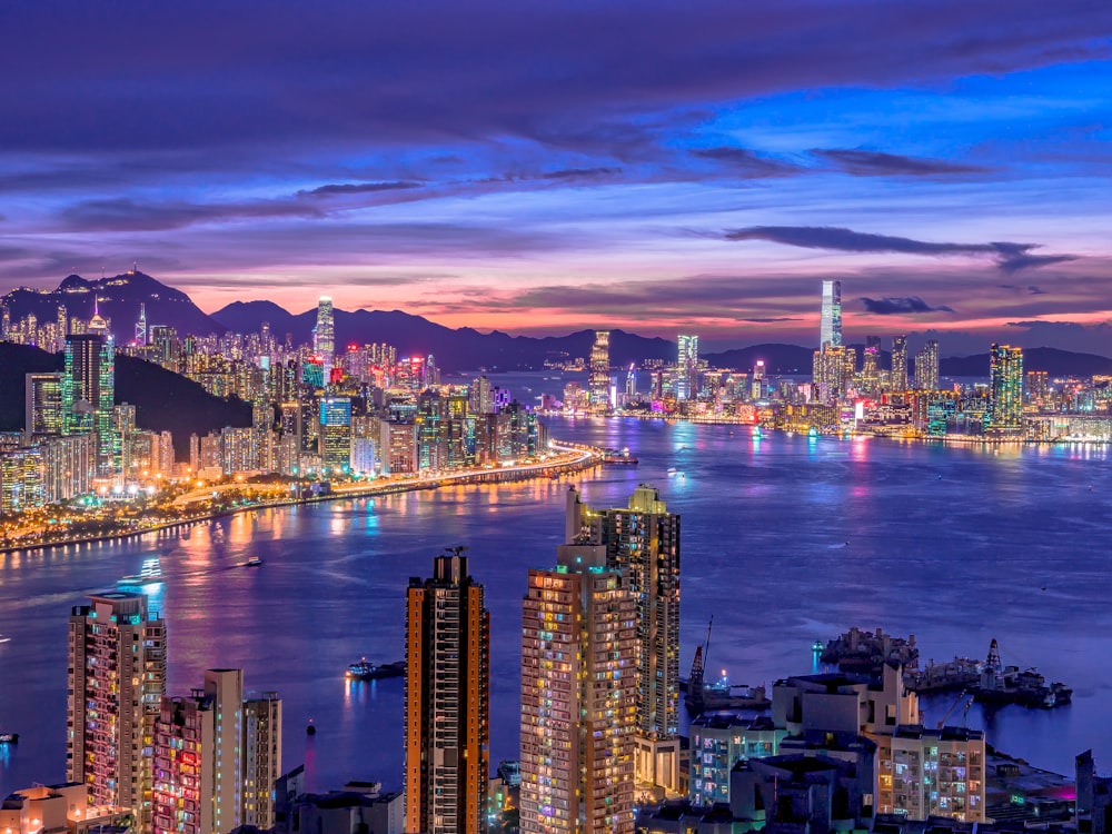 city skyline during night time