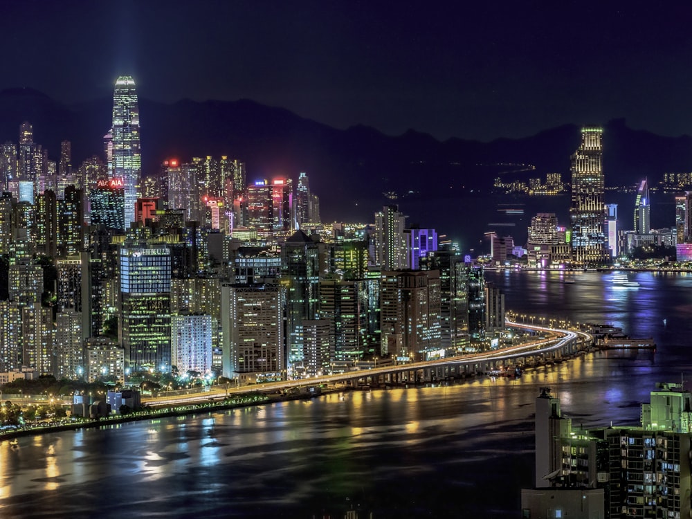 city skyline during night time