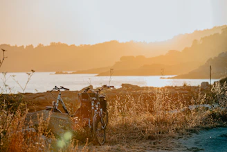 Scenic mountain trail with a bike resting against a rock.