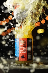 blue and red labeled bottle