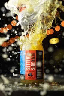 blue and red labeled bottle