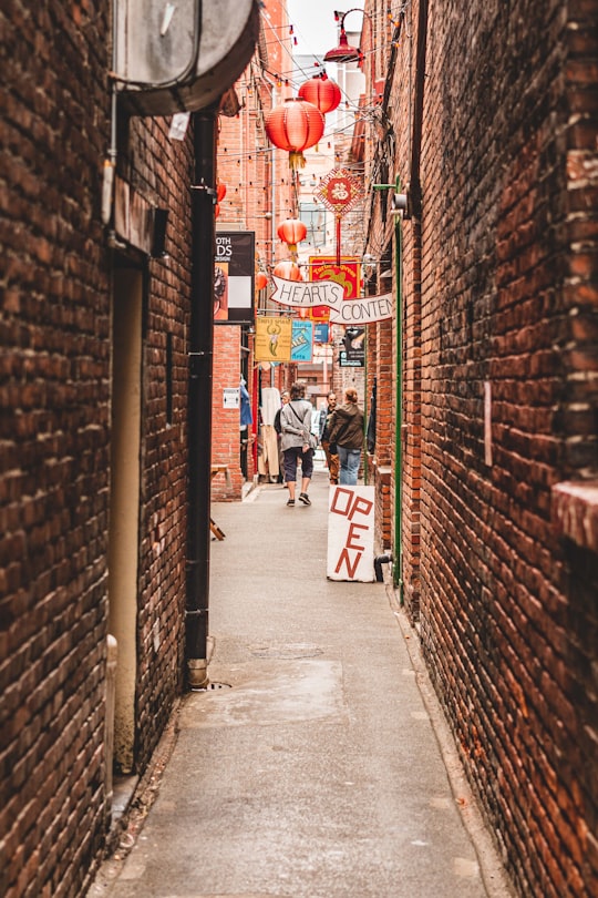 man in white shirt and black pants walking on sidewalk during daytime in Fan Tan Alley Canada