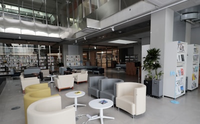 Modern library lounge area with comfortable seating and natural light.