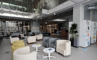 Modern library lounge area with comfortable seating and natural light.