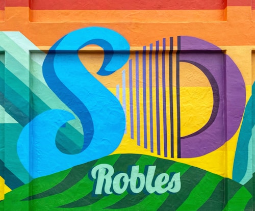 A vibrant mural featuring stylized letters in bold colors. The design includes a prominent blue 'S' and a purple 'D' with vertical stripes against a background of warm oranges and yellows. Green abstract shapes fill the lower section, incorporating the word 'Robles' in a decorative script.