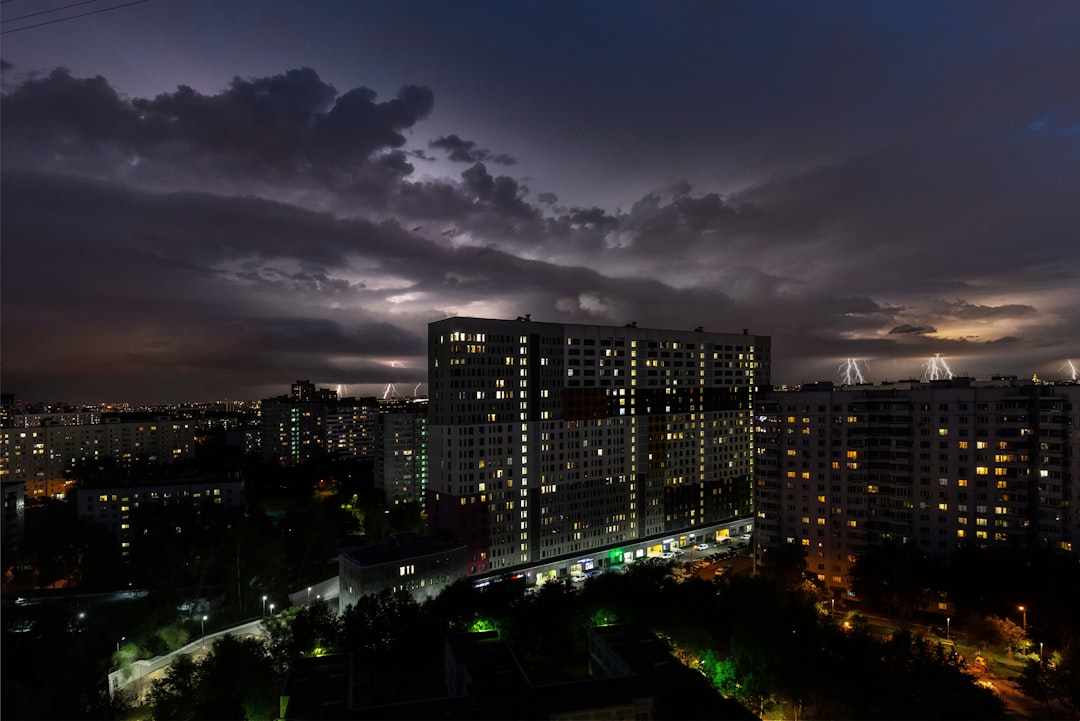 city skyline during night time