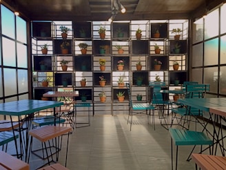 Bright office space with plants and organized shelves