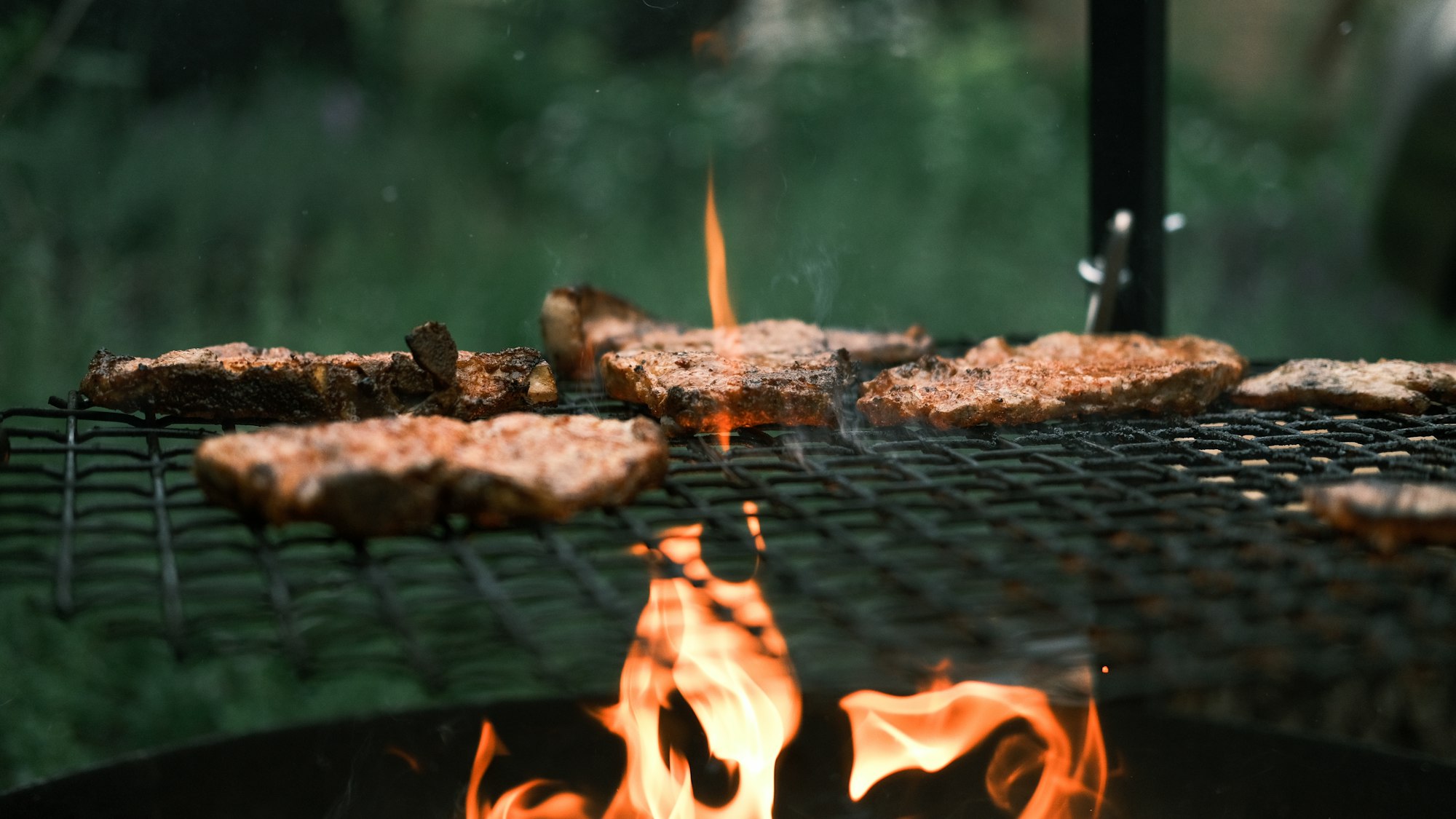 Sizzling meat grilling on a charcoal barbecue in a sunny summer garden