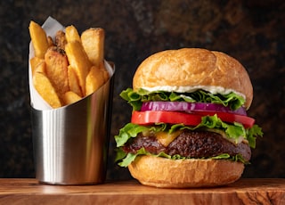 burger with lettuce and fries