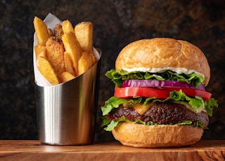 burger with lettuce and fries