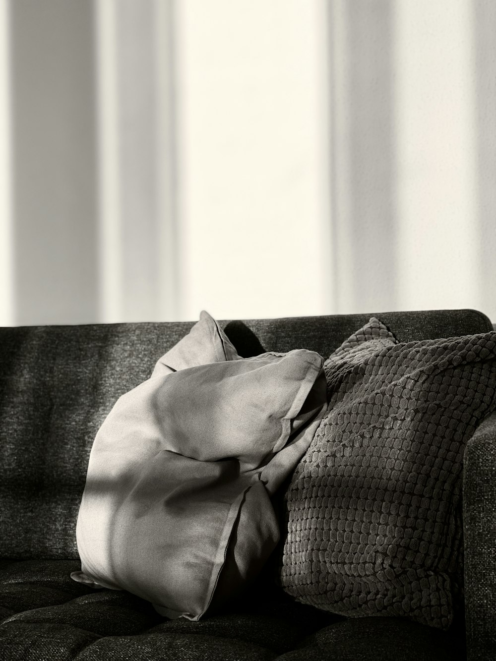 a black and white photo of a pillow on a couch