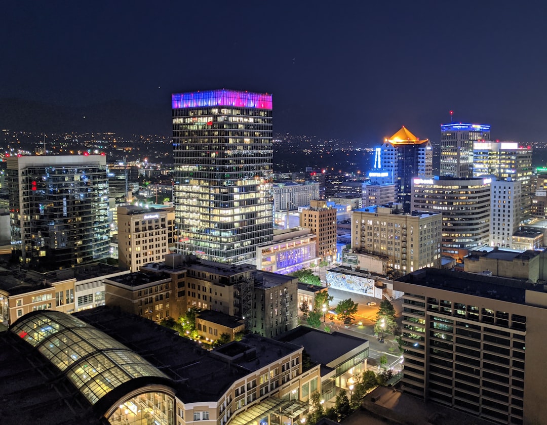 city skyline during night time