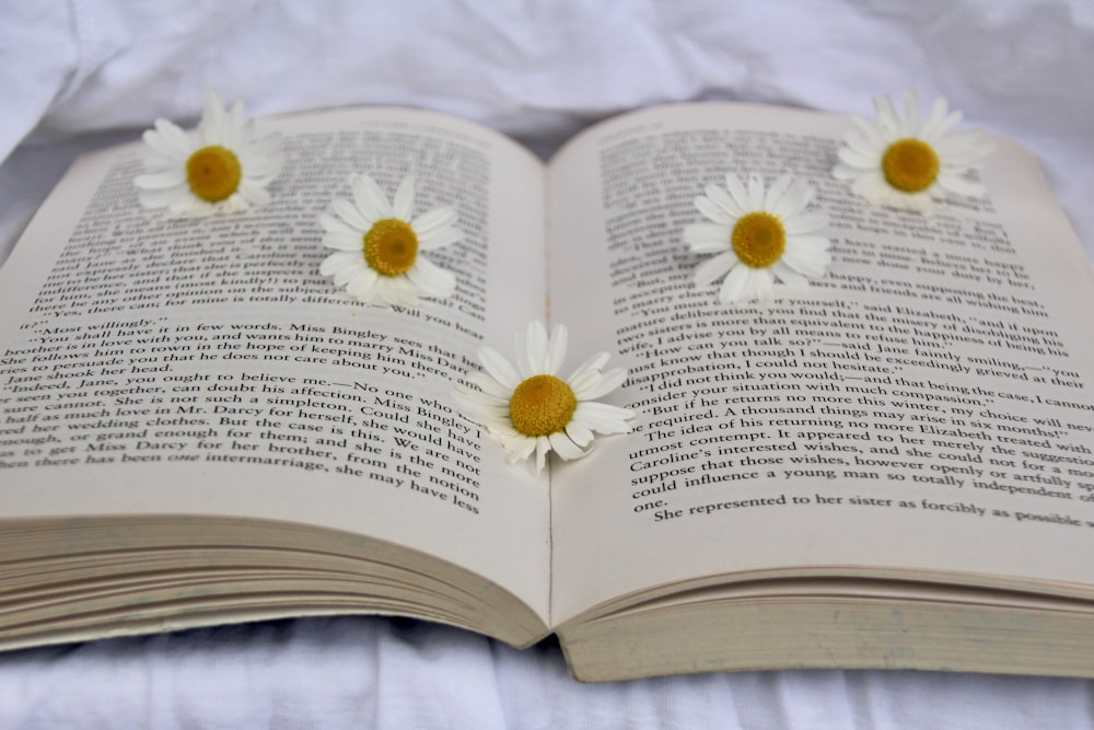 white flower on book page