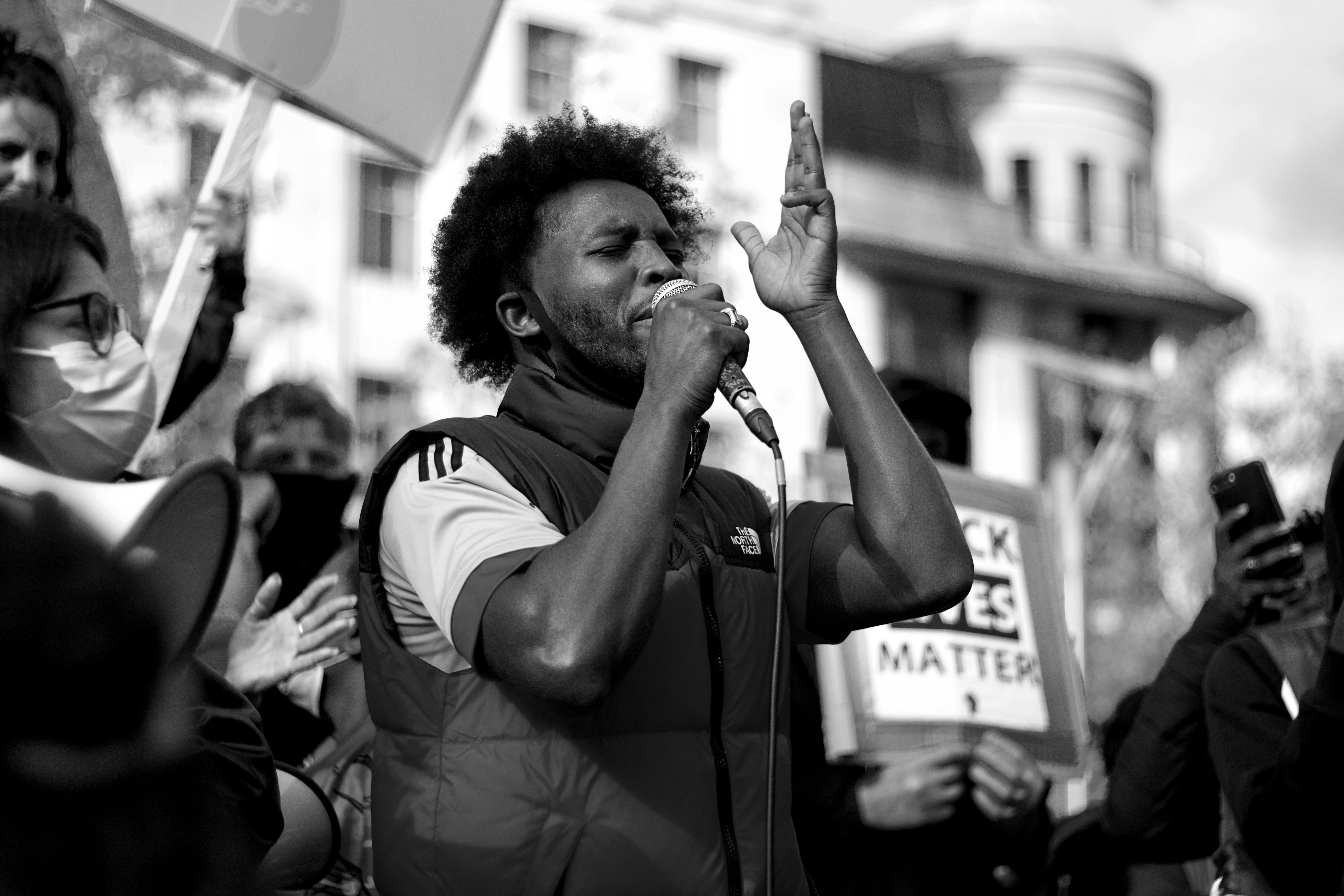 The people of Manchester break lockdown to join the global Black Lives Matter protests.

https://unsplash.com/photos/man-in-black-and-white-crew-neck-t-shirt-g8yJjfQrOJA
