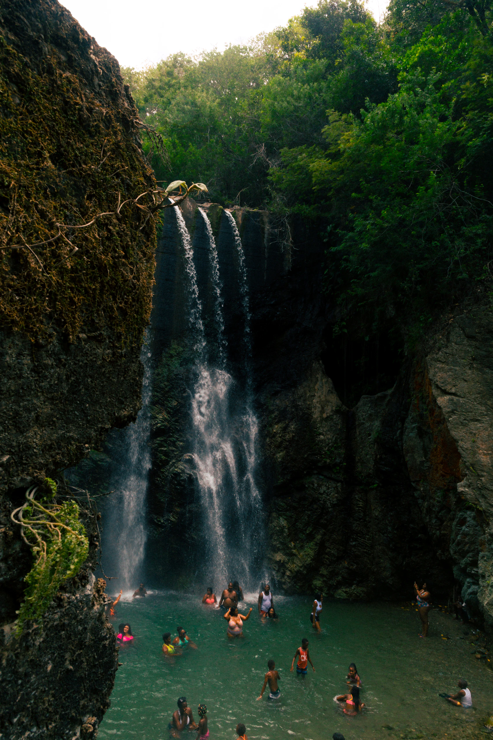 Travellers swimming beneath a forest waterfall in Saint Thomas, Jamaica