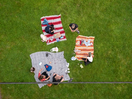 A vibrant green landscape with a diverse group of people laughing and enjoying a picnic together.