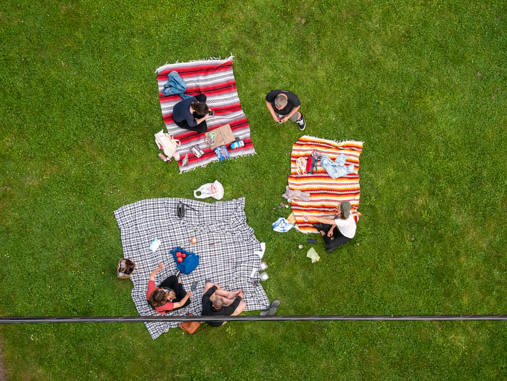 Blankets laid out for a group picnic