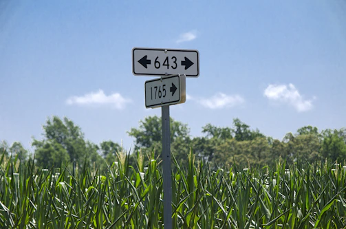 A vibrant road sign installed on a rural highway with clear directional arrows.