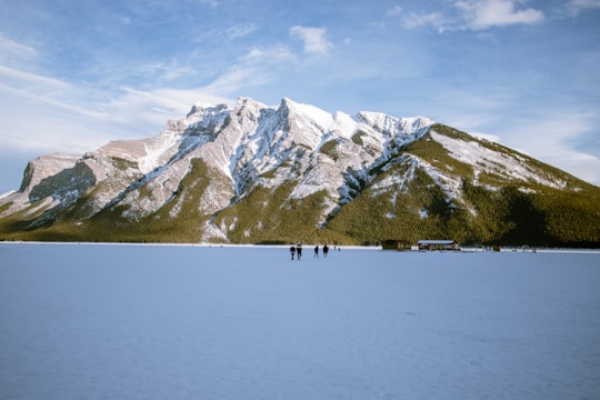 people walking on snow covered field near snow covered mountain during daytime in Lake Minnewanka Canada