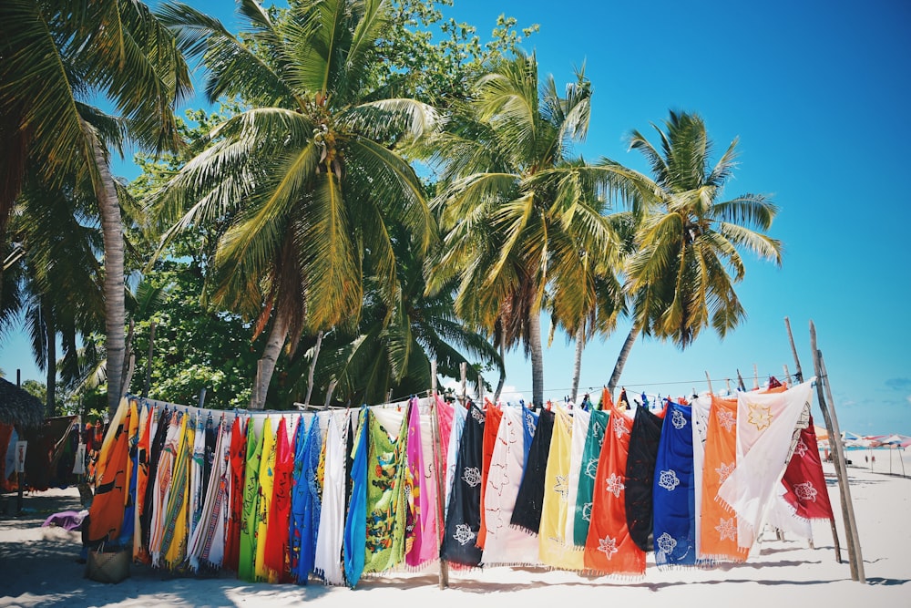 assorted color textiles on green coconut palm tree under blue sky during daytime