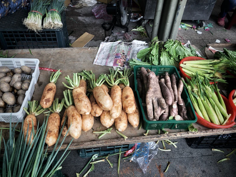 Asian greens and vegetables on display