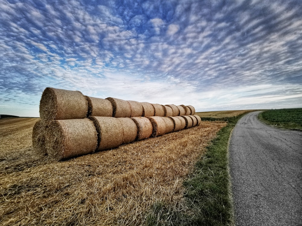 Braunes Heu auf braunem Feld unter blauem Himmel und weißen Wolken tagsüber