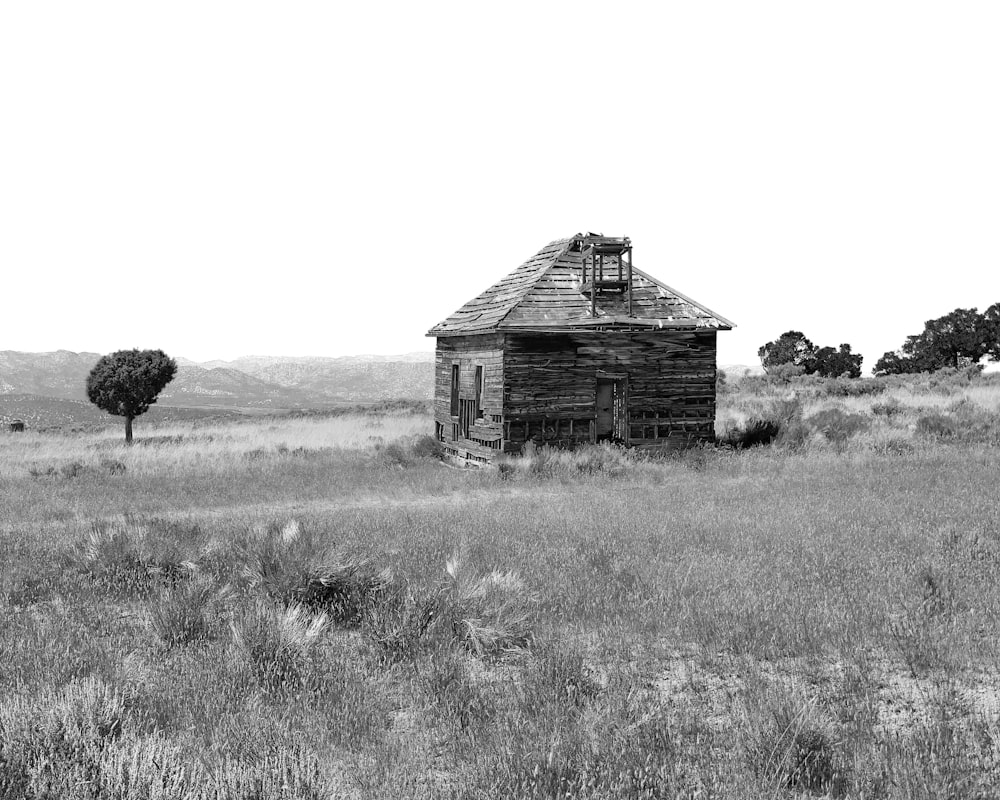 grayscale photo of wooden house on grass field