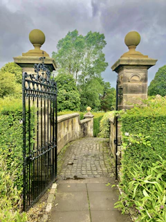 black metal gate near green grass and trees during daytime