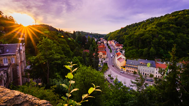 A serene sunset over a quiet town, the perfect backdrop for a new tale.