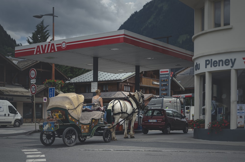 Caballo blanco con carruaje en la calle durante el día