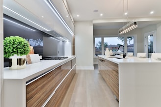 Cocina con iluminacion y sobre de cuarzo