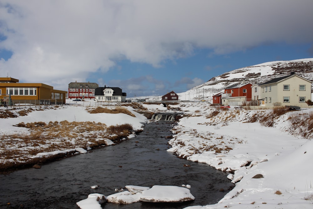 snow covered houses near river under cloudy sky during daytime