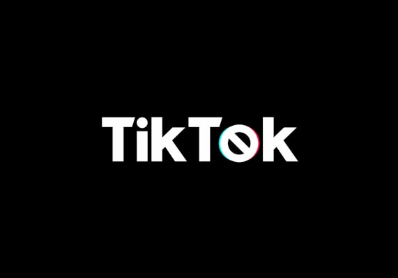 A minimalist logo featuring the word TikTok in a bold, white font centered on a black background. The 'o' in TikTok is stylized with a design resembling a musical note, incorporating subtle blue and red hues.