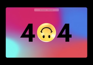 A stylized 404 error page features a bright, colorful gradient background with pink, blue, and purple hues. The number '404' is prominently displayed, with a yellow smiley face replacing the zero. The smiley face has an upside-down smile, giving a playful twist to the classic error message.