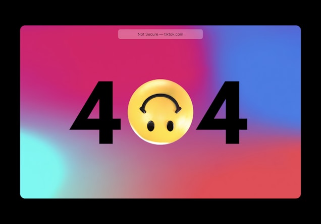A stylized 404 error page features a bright, colorful gradient background with pink, blue, and purple hues. The number '404' is prominently displayed, with a yellow smiley face replacing the zero. The smiley face has an upside-down smile, giving a playful twist to the classic error message.